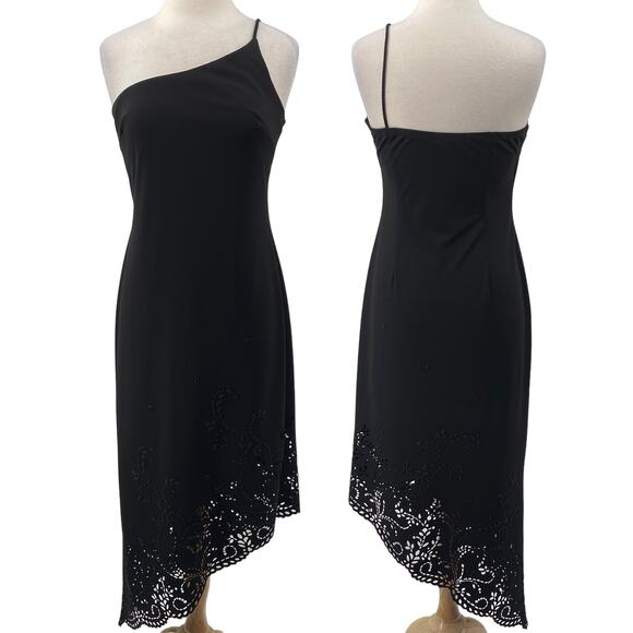 Vintage 90s Rampage Midi Dress Asymmetric One Shoulder Laser Cut Floral Beaded M - Picture 1 of 13